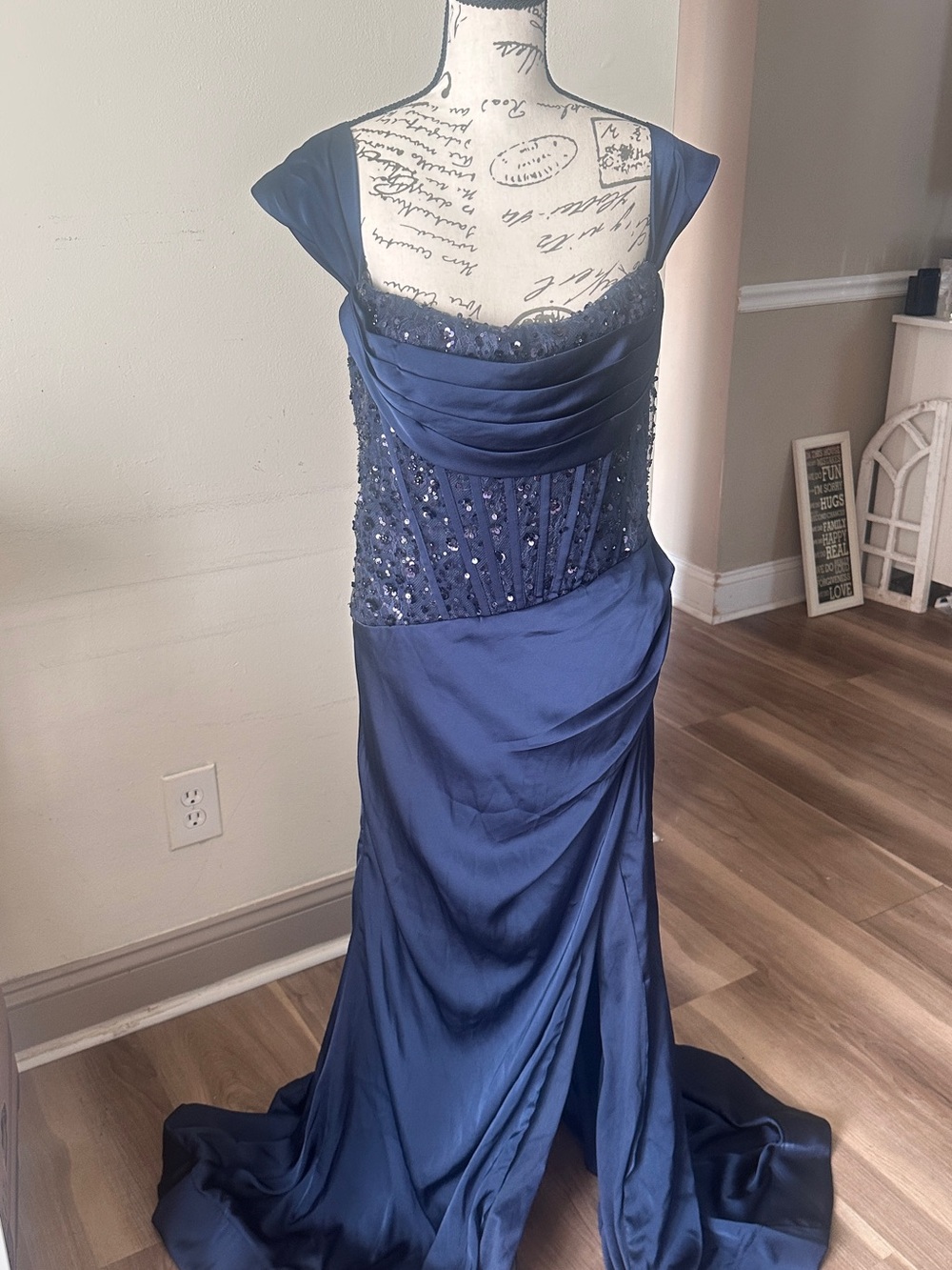 Elegant Navy Beaded Evening Gown - Women Dresses
